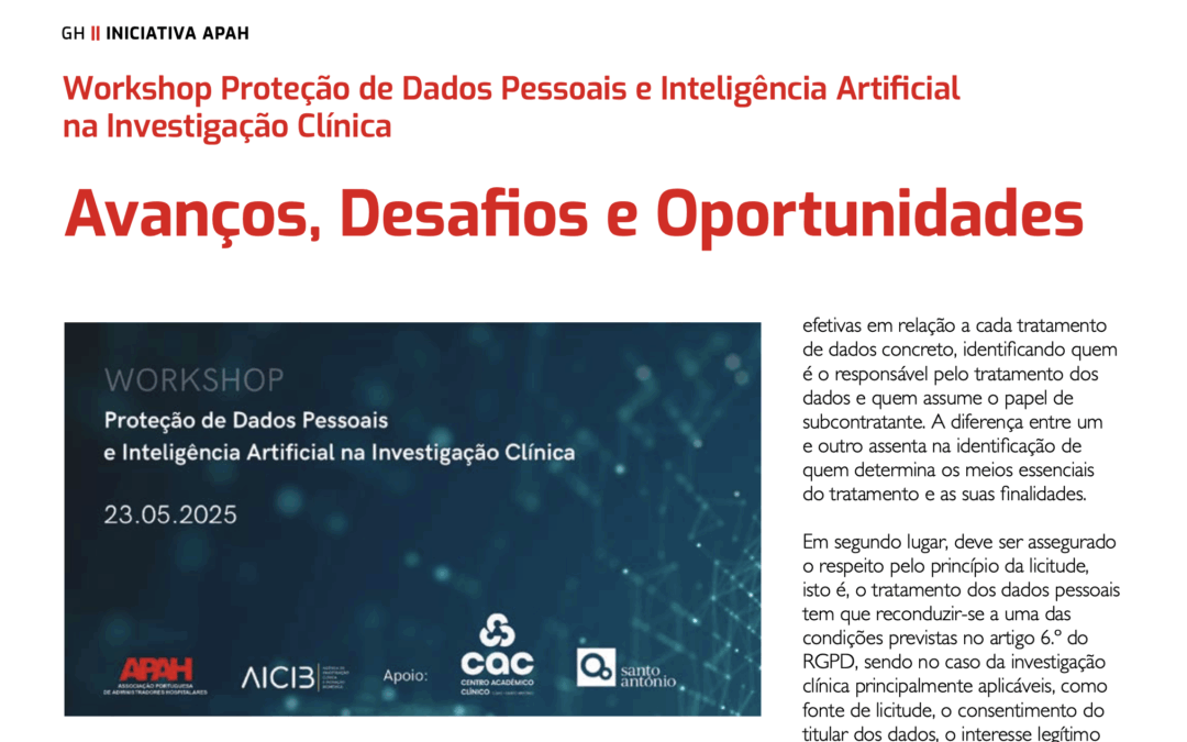 Artigo: “Workshop Proteção de Dados Pessoais e Inteligência Artificial na Investigação Clínica – Avanços, Desafios e Oportunidades”